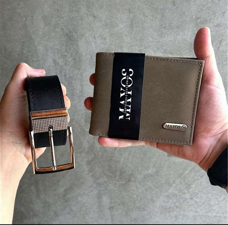 Kit Carteira Masculina Couro Sintético MAYOS WALLET + Cinto Masculino Dupla Face