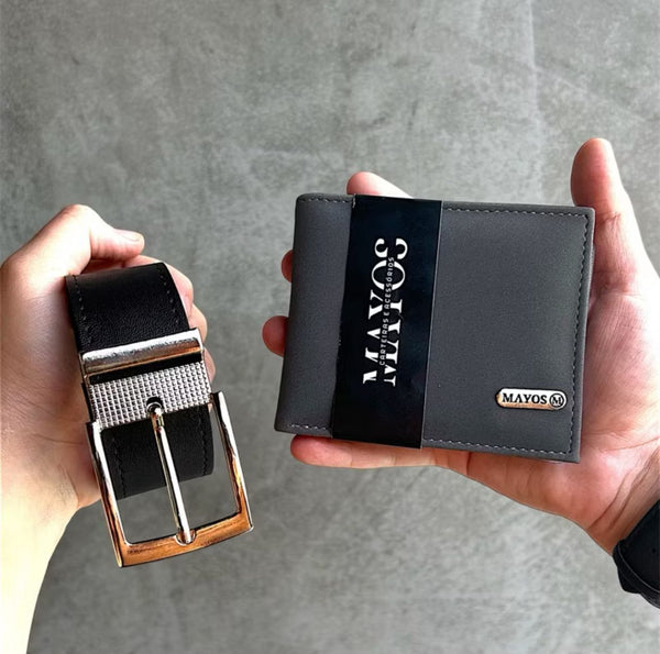 Kit Carteira Masculina Couro Sintético MAYOS WALLET + Cinto Masculino Dupla Face