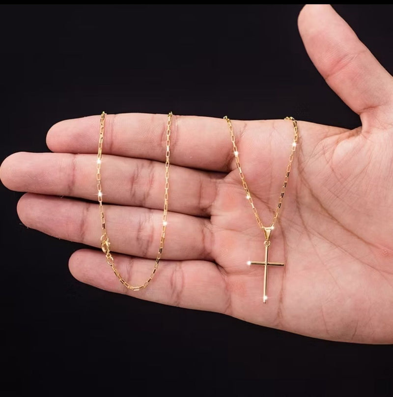 Corrente + Pigente Cruz Palito Banhado a Ouro 18k Cordão Cartier