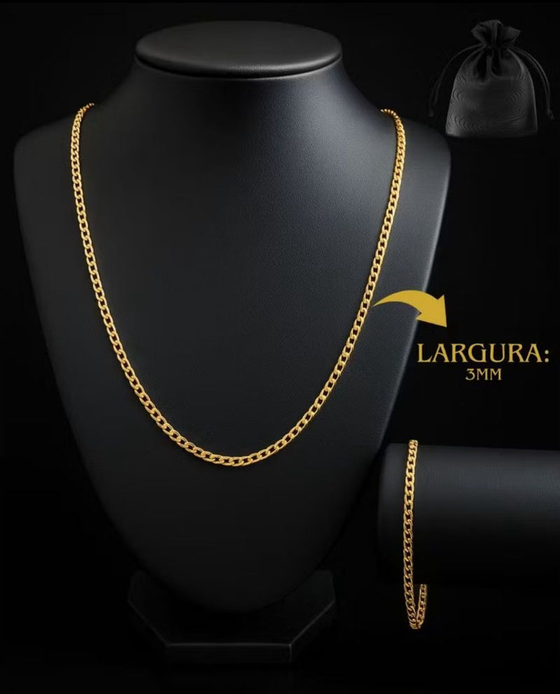 Corrente + Pulseira Estilo Cubano Masculino Banhado a Ouro 18K 3mm De Largura